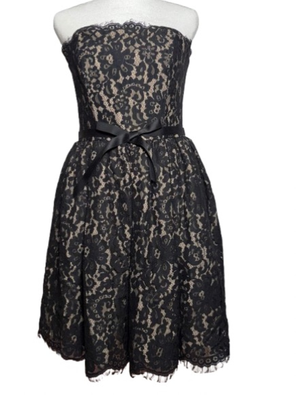 Robert Rodriguez Black & Nude Lace Strapless Mini Party Dress With Bow & Tulle